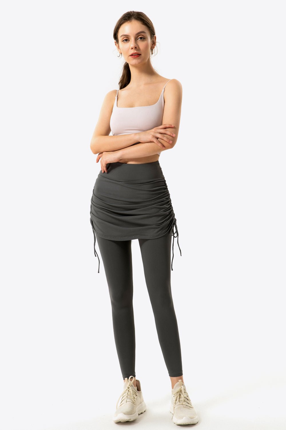 Soft and Breathable Drawstring Ruched Faux Layered Stretch Yoga Leggings