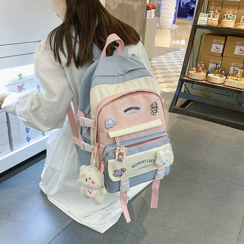 Stylish Fashionable Bear - Inspired Large - Volume Geometric Contrast - Colored School Backpack for Students