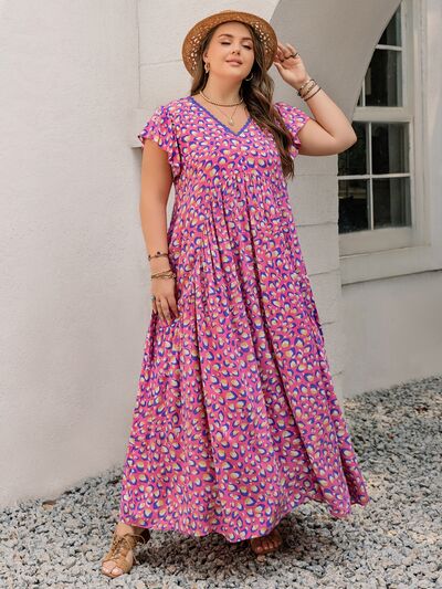 Plus Size Fashionable Printed V-Neck Flutter Sleeve Tie-Waist Floor-Length Maxi Dress for Women