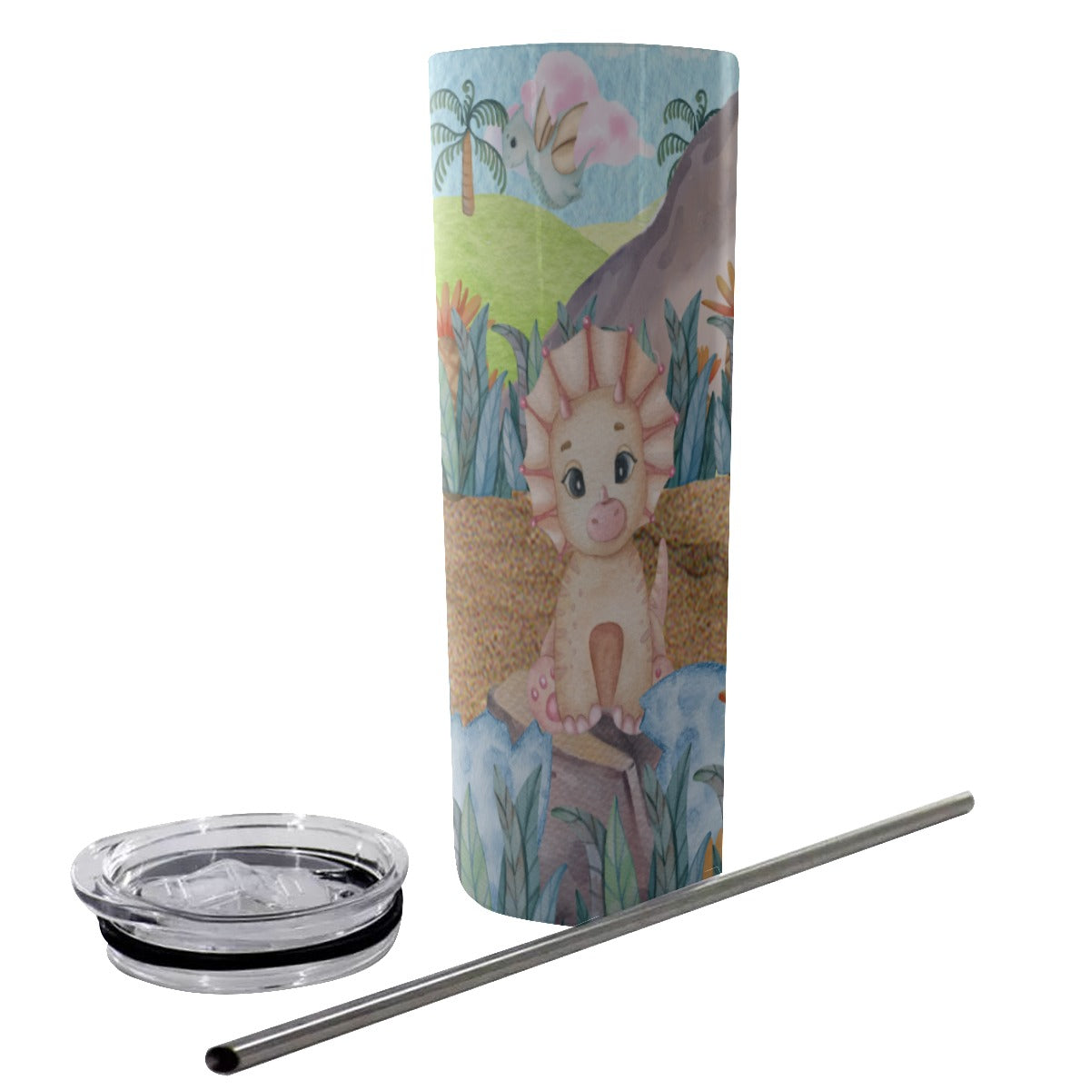 20oz Glittery Stainless Steel Tumbler with Watercolor Prehistoric Dinosaur Designs and a Stainless Steel Straw (Designed by Dunbi), Featuring Dinosaurs like Triceratops, Parasaurolophus, Pterodactyl, Diplodocus, Volcano, Grass, and Dino Eggs