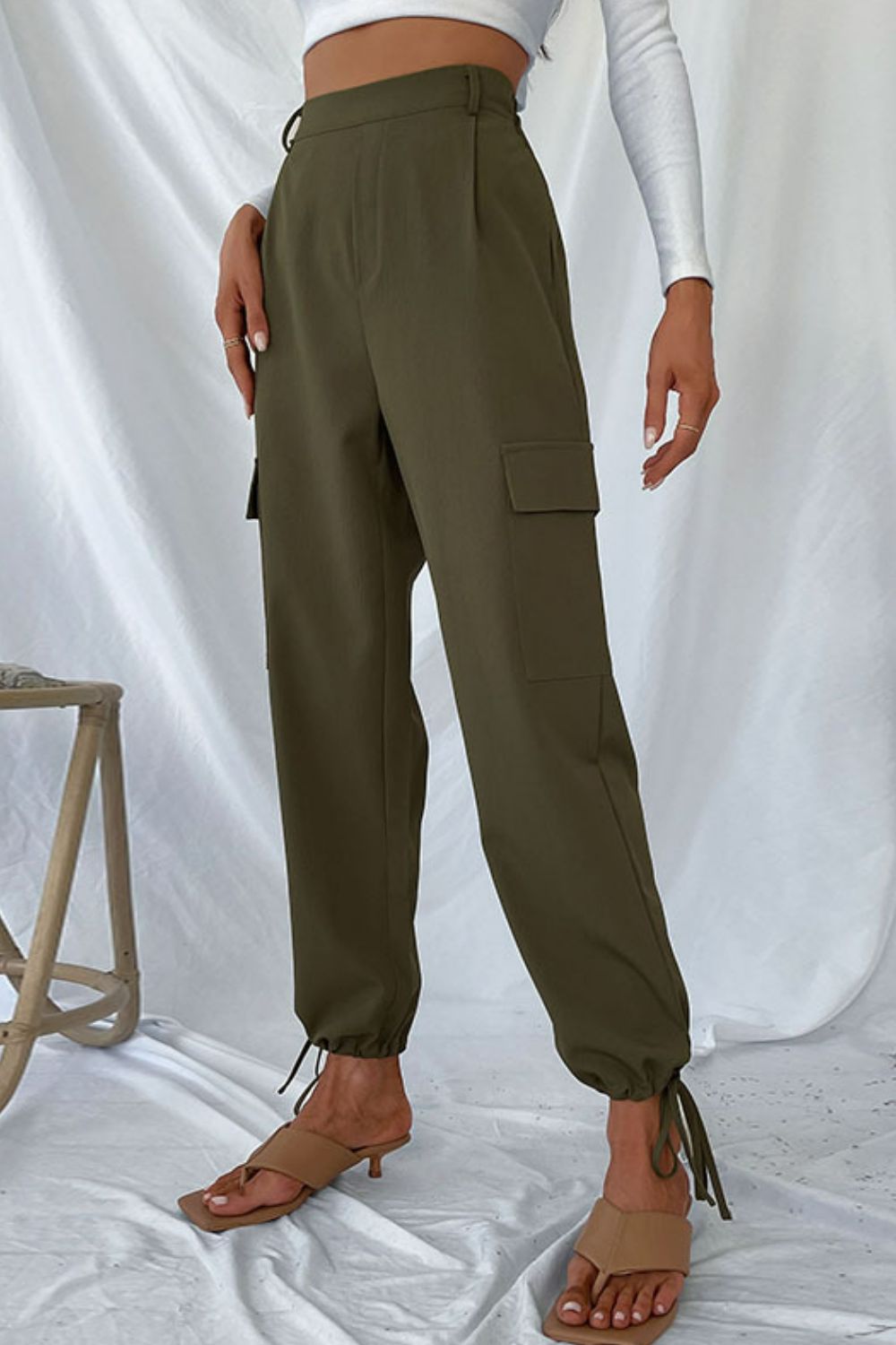 Long Regular Drawstring Ankle Solid Cargo Pants in 100% Polyester