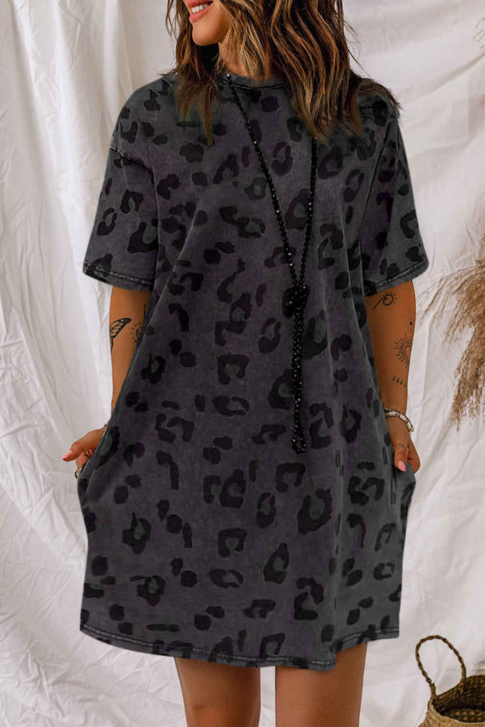 Vintage Gray Washed Leopard Print T-Shirt Dress with Handy Side Pockets