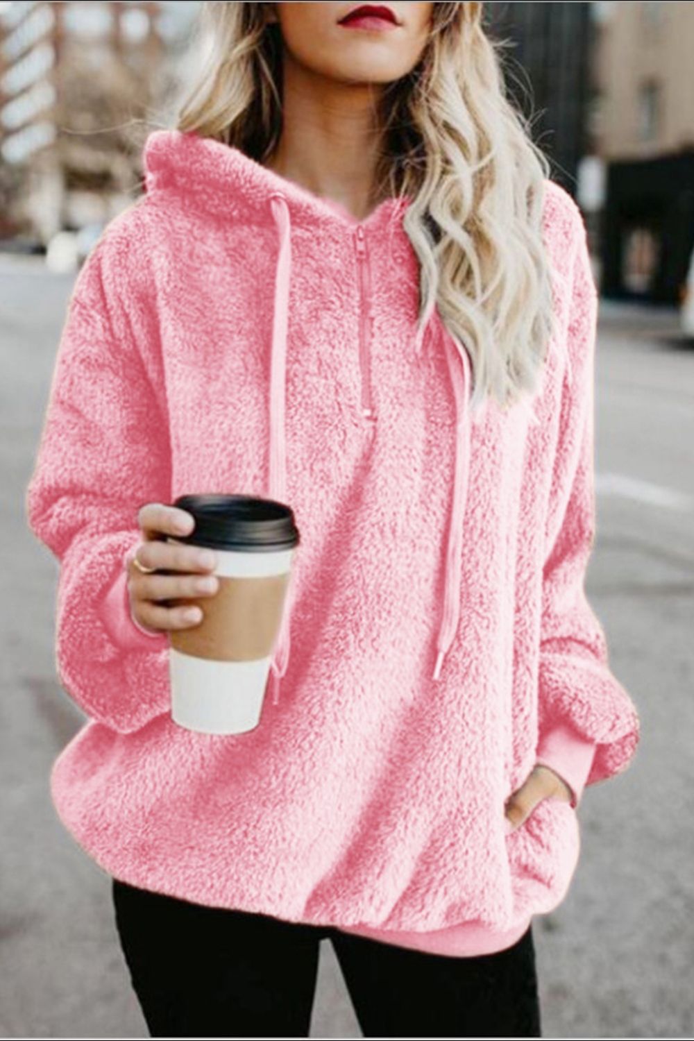Full-Size Teddy Quarter-Zip Hoodie with Drawstring and Pocket