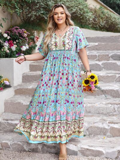 Plus Size Women's Printed Tie Neck and Flutter Sleeve Floor-Length Maxi Dress