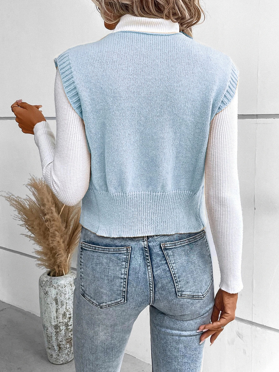 Full-Size V-Neck Button-Up Sweater Vest with Slight Stretch