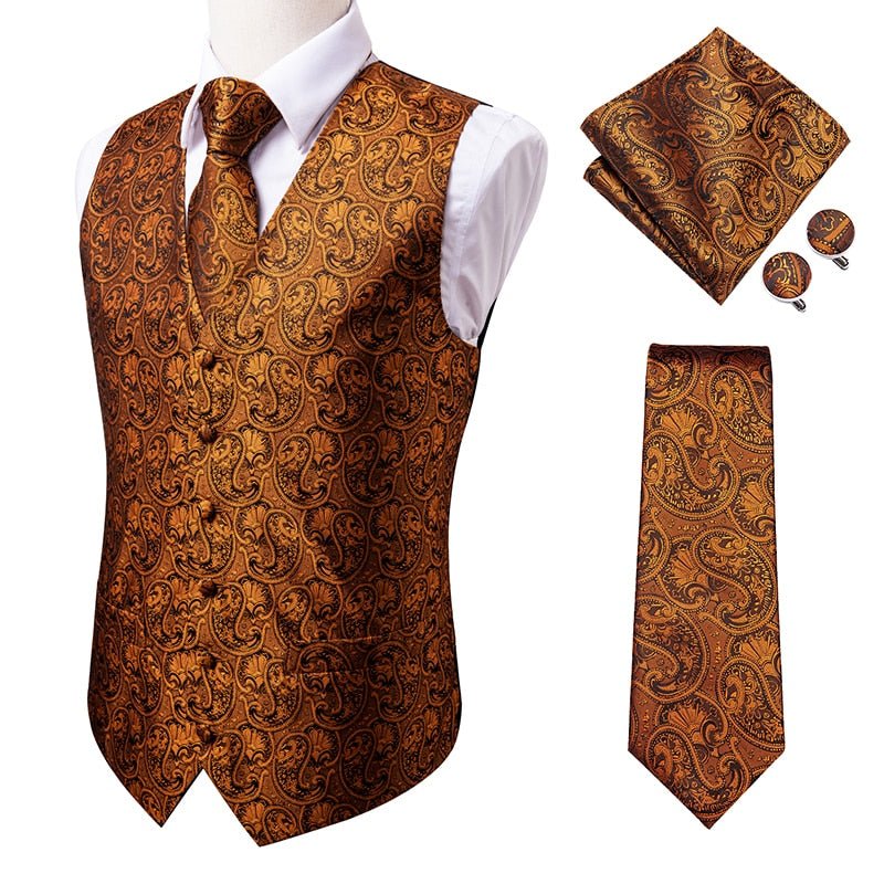 Hi-Tie Men's 4-Piece Luxury Silk Vest, Tie, Handkerchief & Cufflinks Set