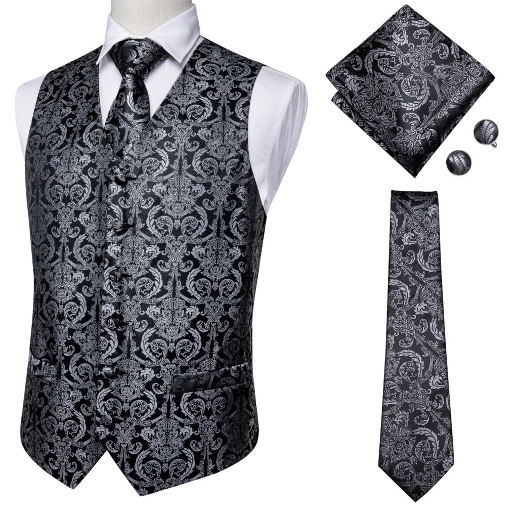 Hi-Tie Men's 4-Piece Luxury Silk Vest, Tie, Handkerchief & Cufflinks Set