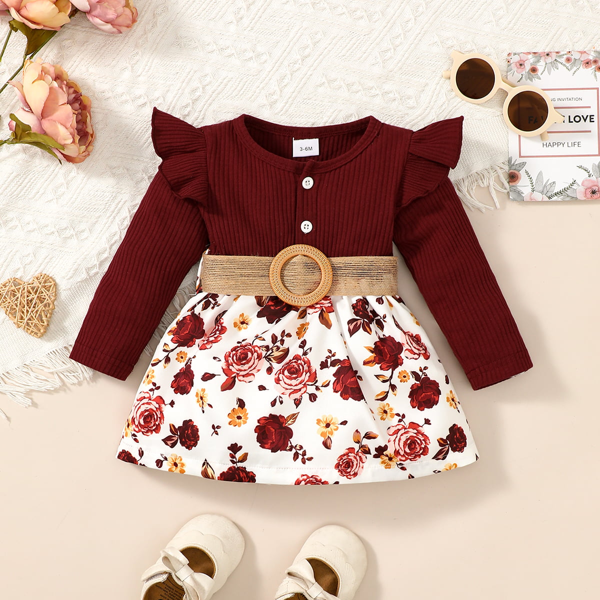 Adorable Floral Print Belted Short Dress with Ruffles and Long Sleeves
