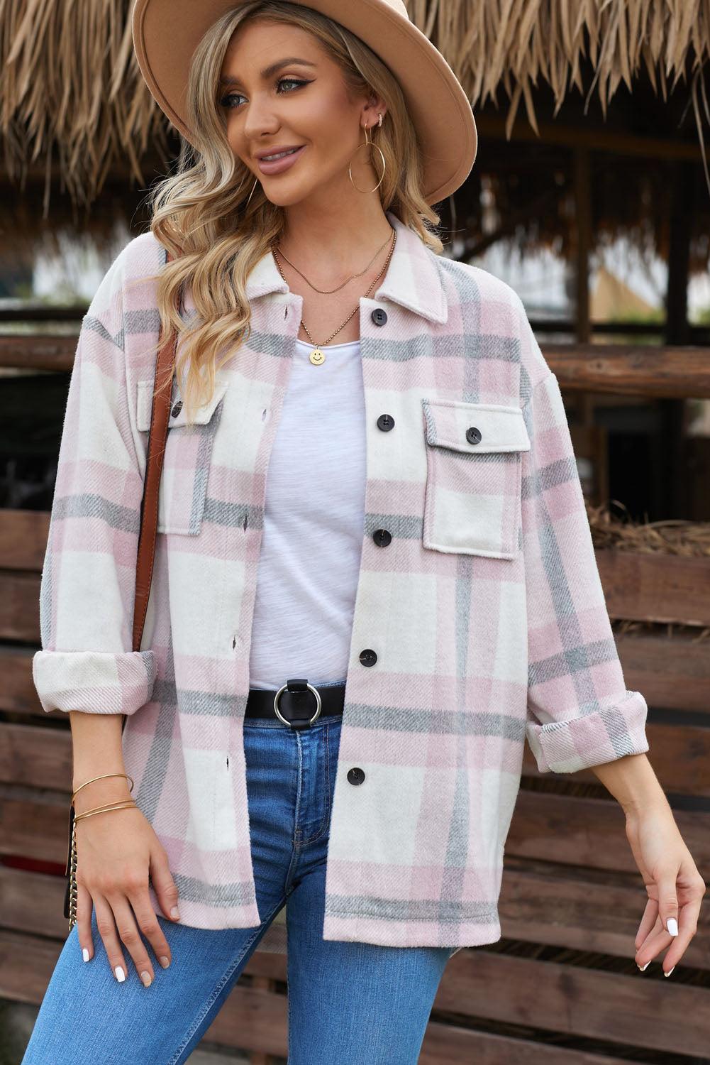 Casual Plaid Dropped Shoulder Pocket Buttoned Shacket for Everyday Wear