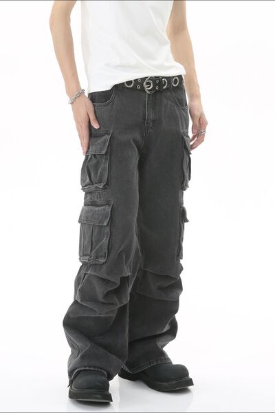 Men's Stretch-Free Multi-Pocket Pleated Cargo Cotton-Viscose Jeans
