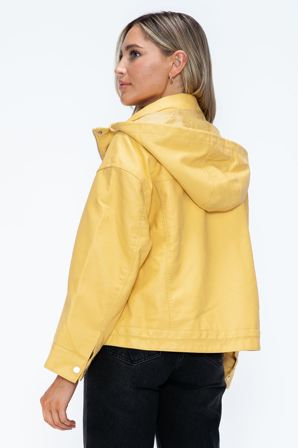 Stylish PU Leather Zip - Up Jacket with Adjustable Drawstring Hem