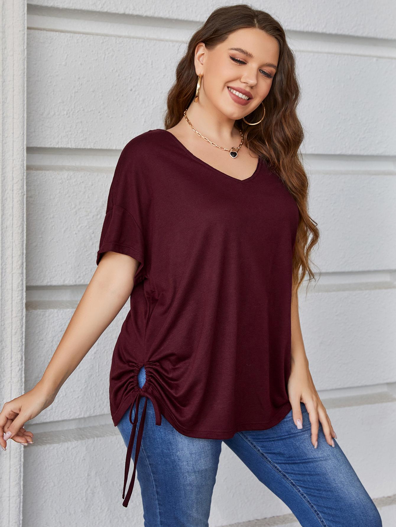 Plus Size V-Neck Short Sleeve Blouse with Drawstring for Casual Wear