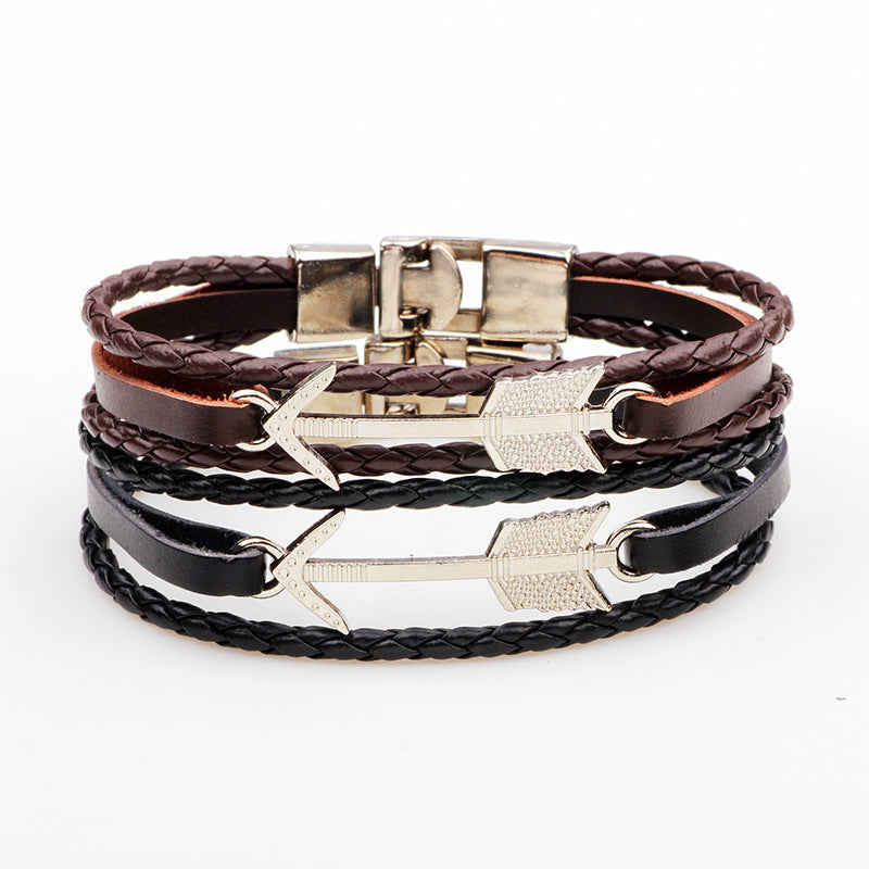 Men's Fashionable Retro-Style Alloy Arrow Leather Braided Wrist Bracelet