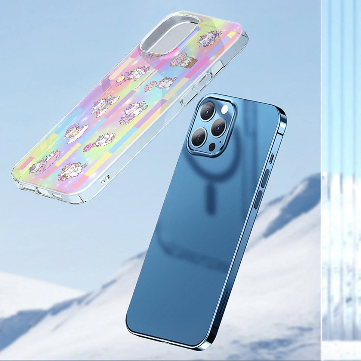 TPU iPhone 14 Series Mobile Phone Case with Adorable Kawaii Unicorn, Pastel Rainbow, Clouds, Pink, Purple, Blue, Yellow, Sleepy Unicorn, Hungry Unicorn, Moon, Candy, Donuts, Ice Cream Designs by Dunbi