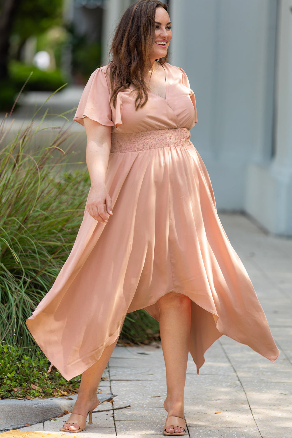 Plus Size Fashionable Wide Waistband Surplice Neck Flutter Sleeve Mid - length Dress for Women