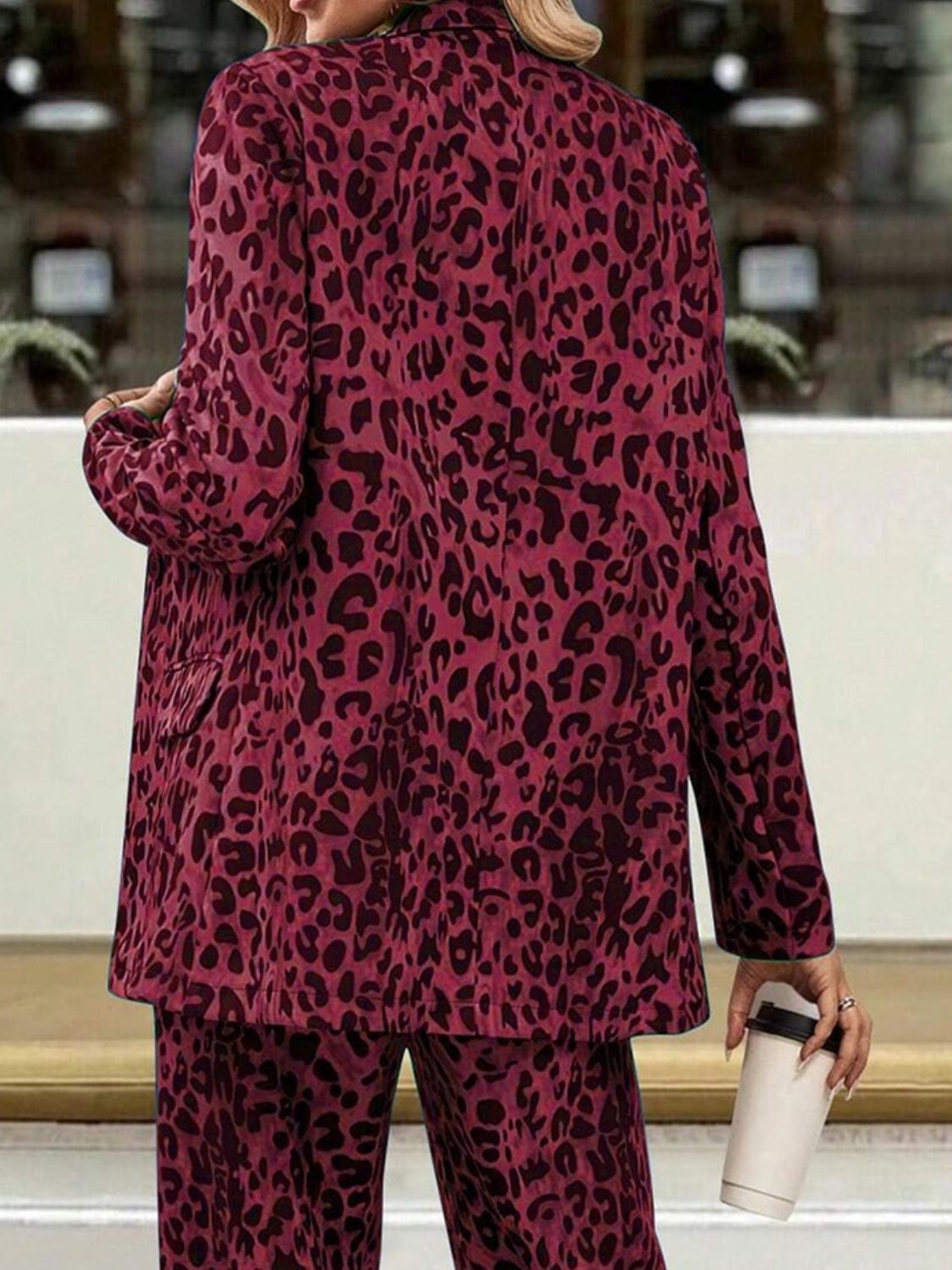 Full-Size Leopard Print Long Sleeve Lapel Collar Blazer and Pants Two-Piece Set