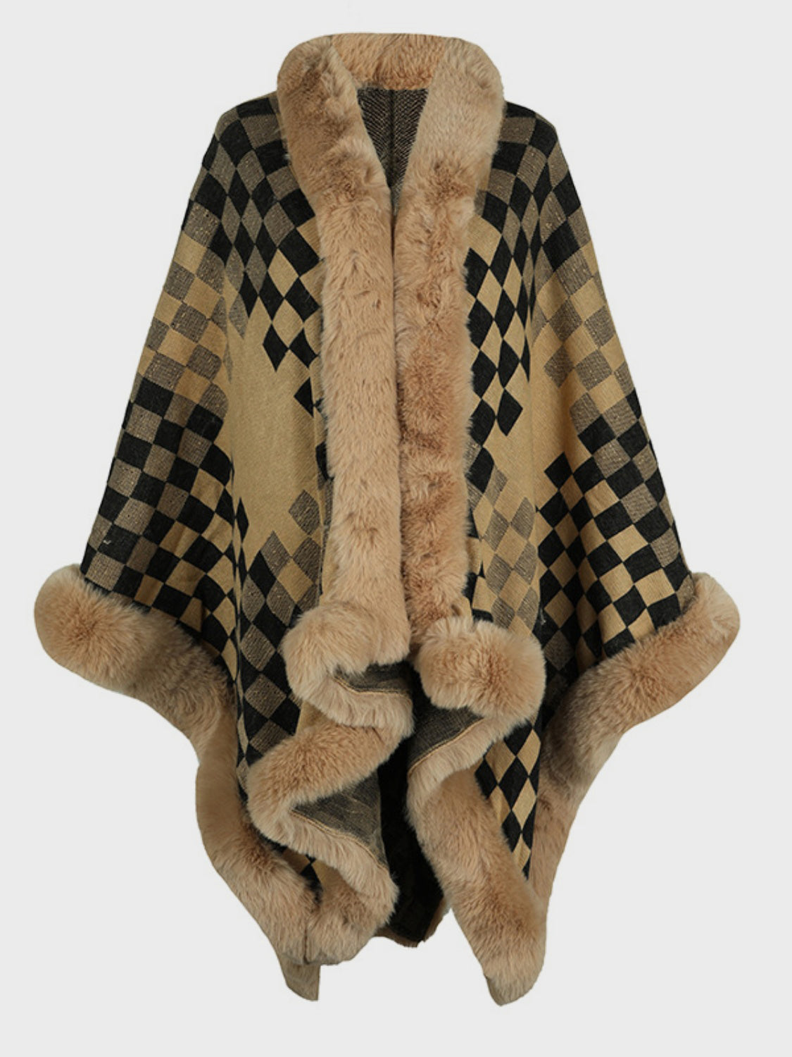 Soft and Fuzzy Checkered Long-Sleeved Poncho for Fashionable Wear