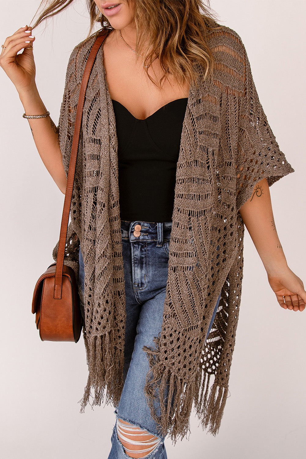 Long Open Front Cardigan with Fringe Hem and Tassel Details