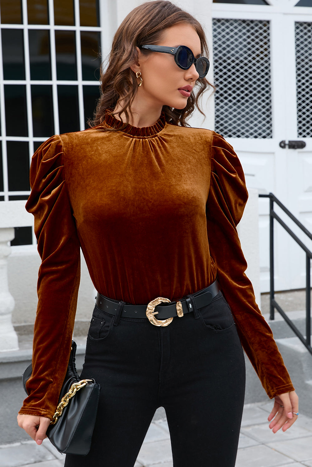 Fashionable Frilled Mock - Neck Puff - Sleeve Women's Blouse
