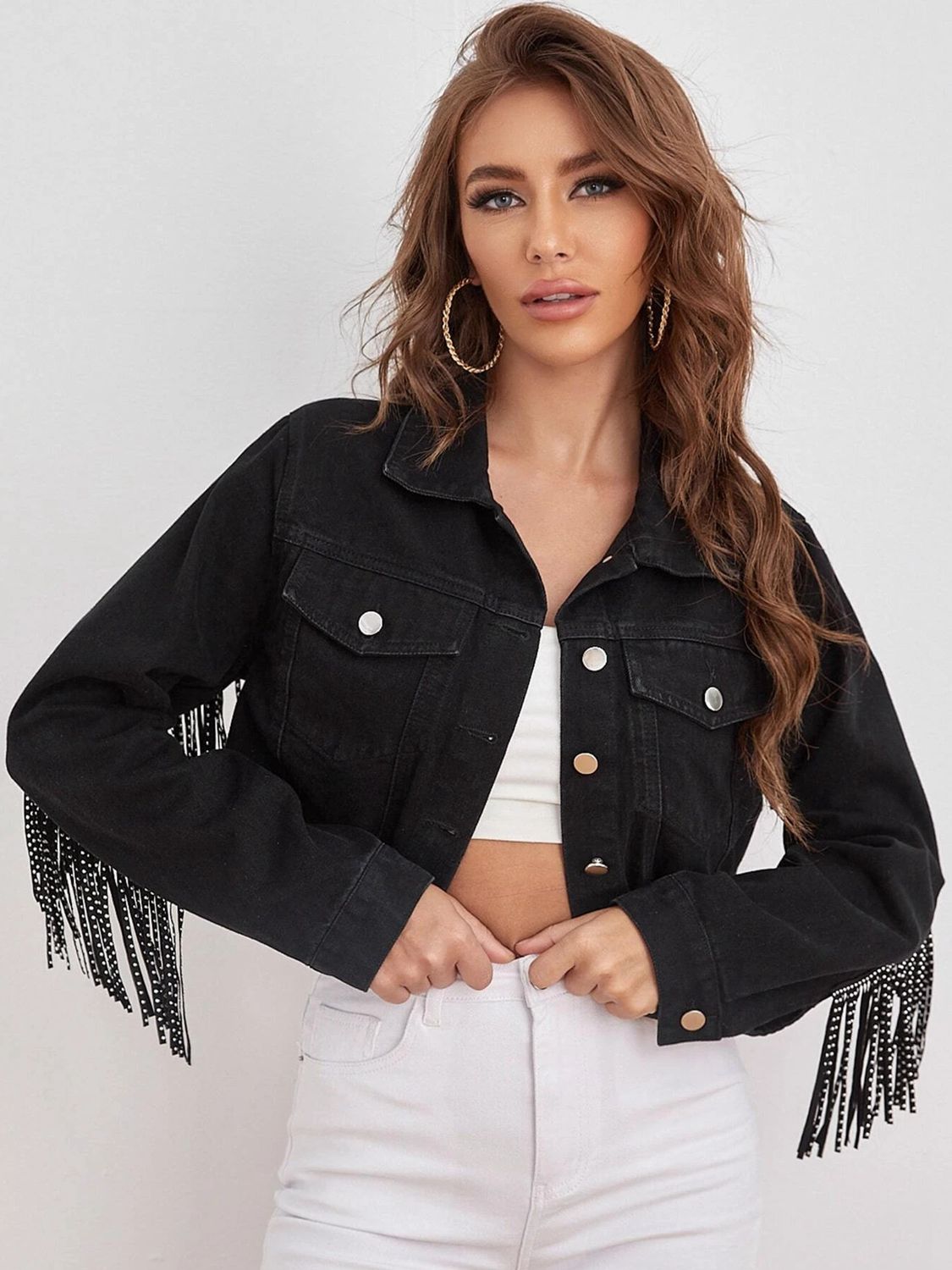 Stylish Cropped Denim Jacket with Fringe Detail and Collared Neck for Fashion - Forward Look