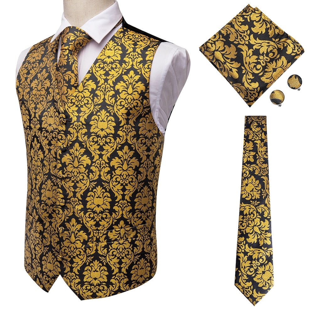 Hi-Tie Men's 4-Piece Luxury Silk Vest, Tie, Handkerchief & Cufflinks Set