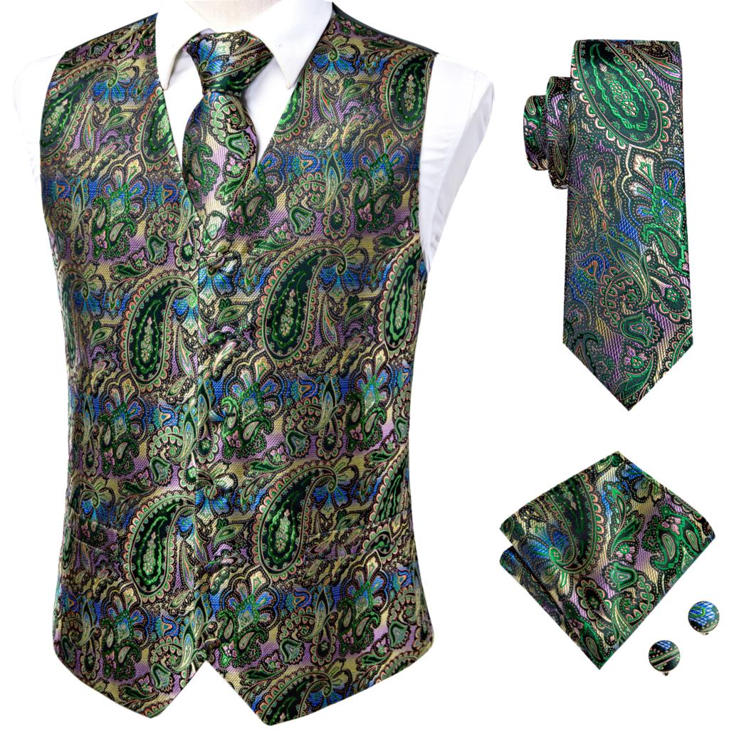 Hi-Tie Men's 4-Piece Luxury Silk Vest, Tie, Handkerchief & Cufflinks Set