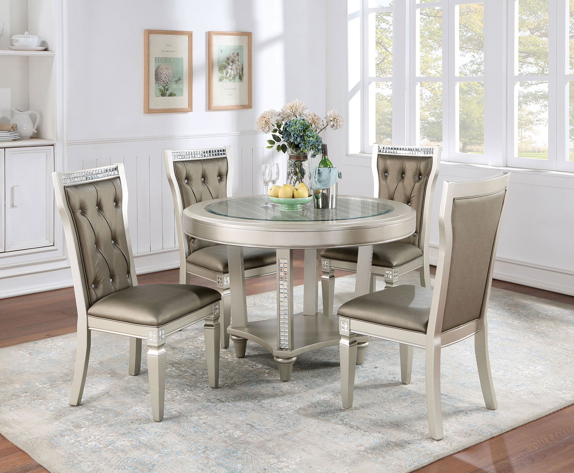 Formal and Elegant Traditional Set of Two Dining Side Chairs in Champagne and Warm Grey Colors with Solid Wood Frame, Leatherette Cushions, and Button Tufted Design for Kitchen and Dining Room Furniture