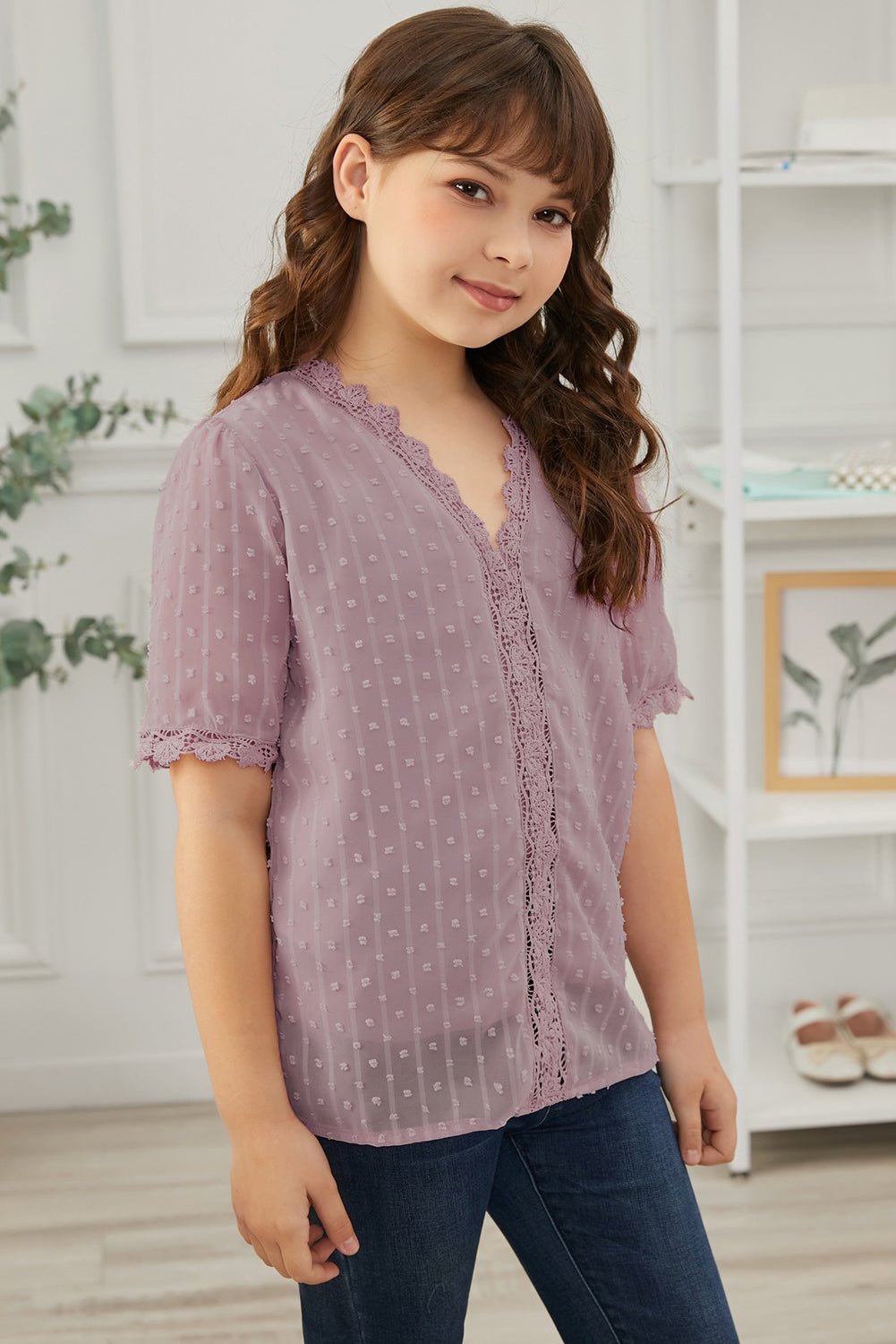Summer Girls' Blouse with Swiss Dot and Spliced Lace for 4 - 13 Years Old