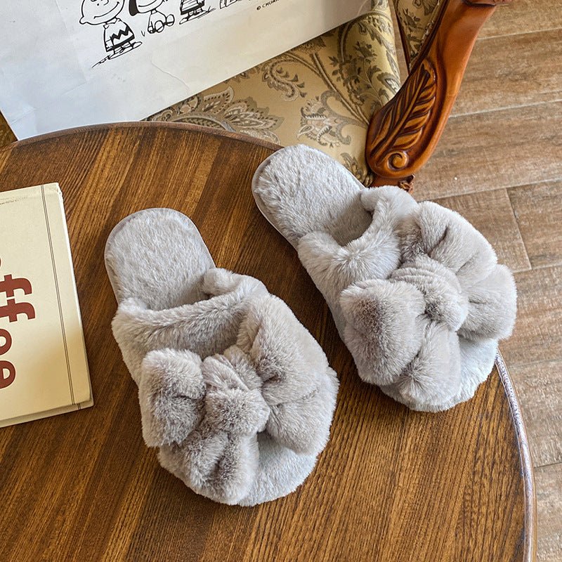 Adorable Plush Women's Slippers with a Top Bow for Winter