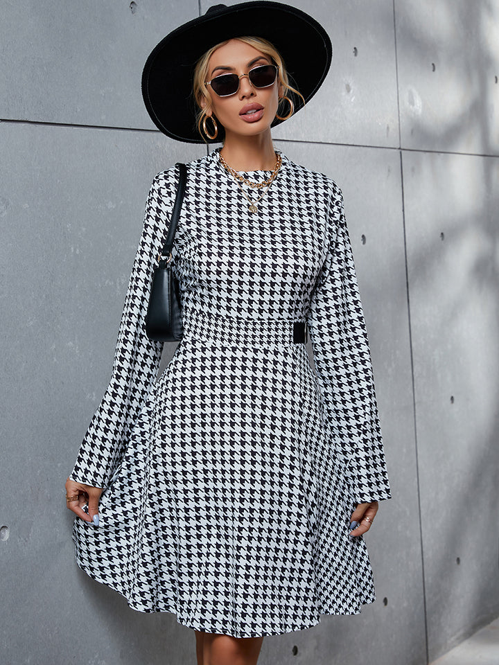 Fashionable Houndstooth Long - Sleeve Mini Round - Neck Polyester Dress