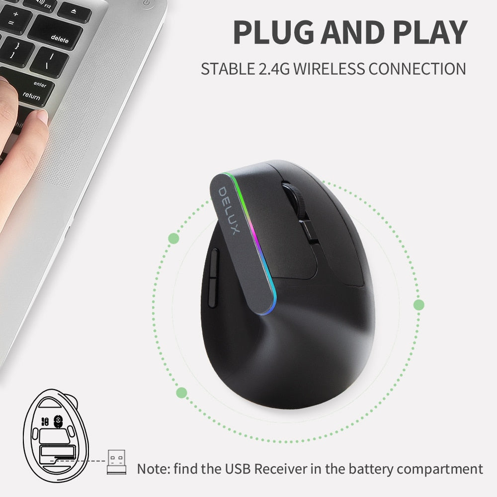 Delux M618C High - Performance Wireless Silent Ergonomic Vertical Six - Button Gaming Optical Mouse with USB Receiver and RGB 1600 DPI for PC and Laptop
