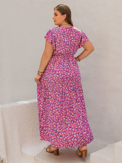 Plus Size Fashionable Printed V-Neck Flutter Sleeve Tie-Waist Floor-Length Maxi Dress for Women