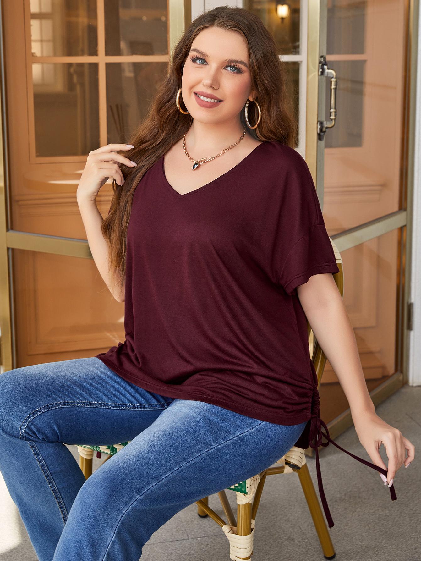 Plus Size V-Neck Short Sleeve Blouse with Drawstring for Casual Wear