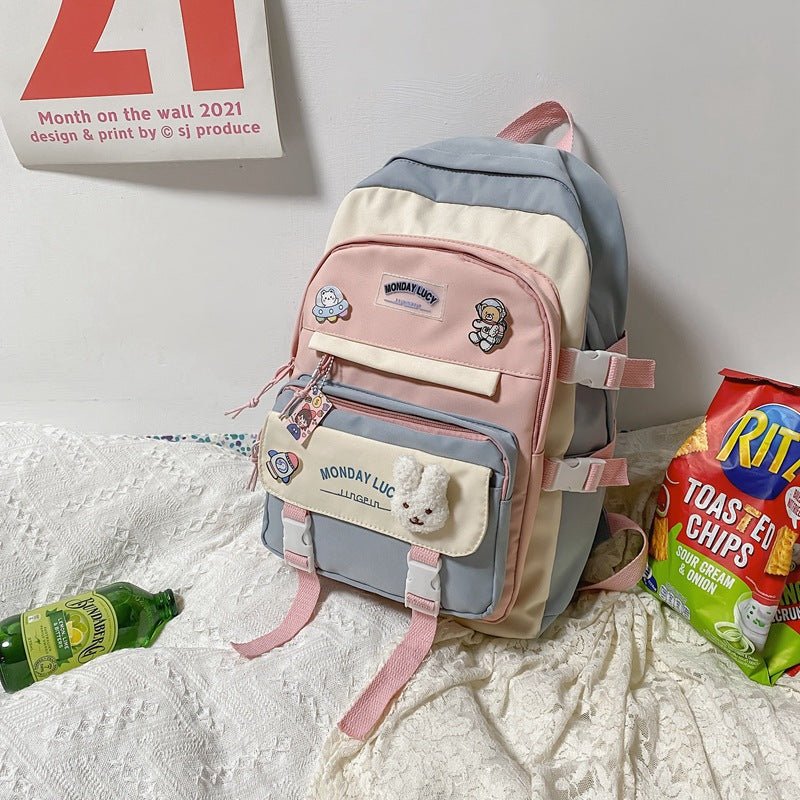 Stylish Fashionable Bear - Inspired Large - Volume Geometric Contrast - Colored School Backpack for Students