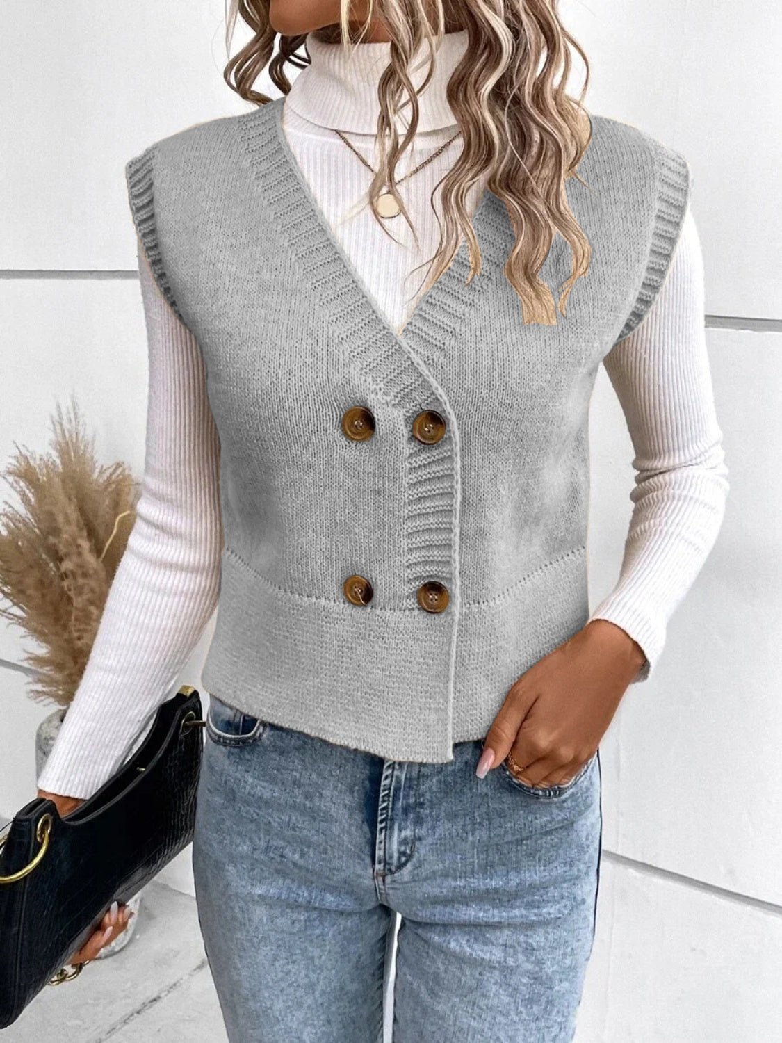Full-Size V-Neck Button-Up Sweater Vest with Slight Stretch