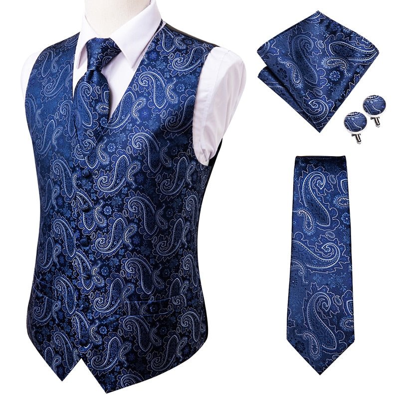 Hi-Tie Men's 4-Piece Luxury Silk Vest, Tie, Handkerchief & Cufflinks Set