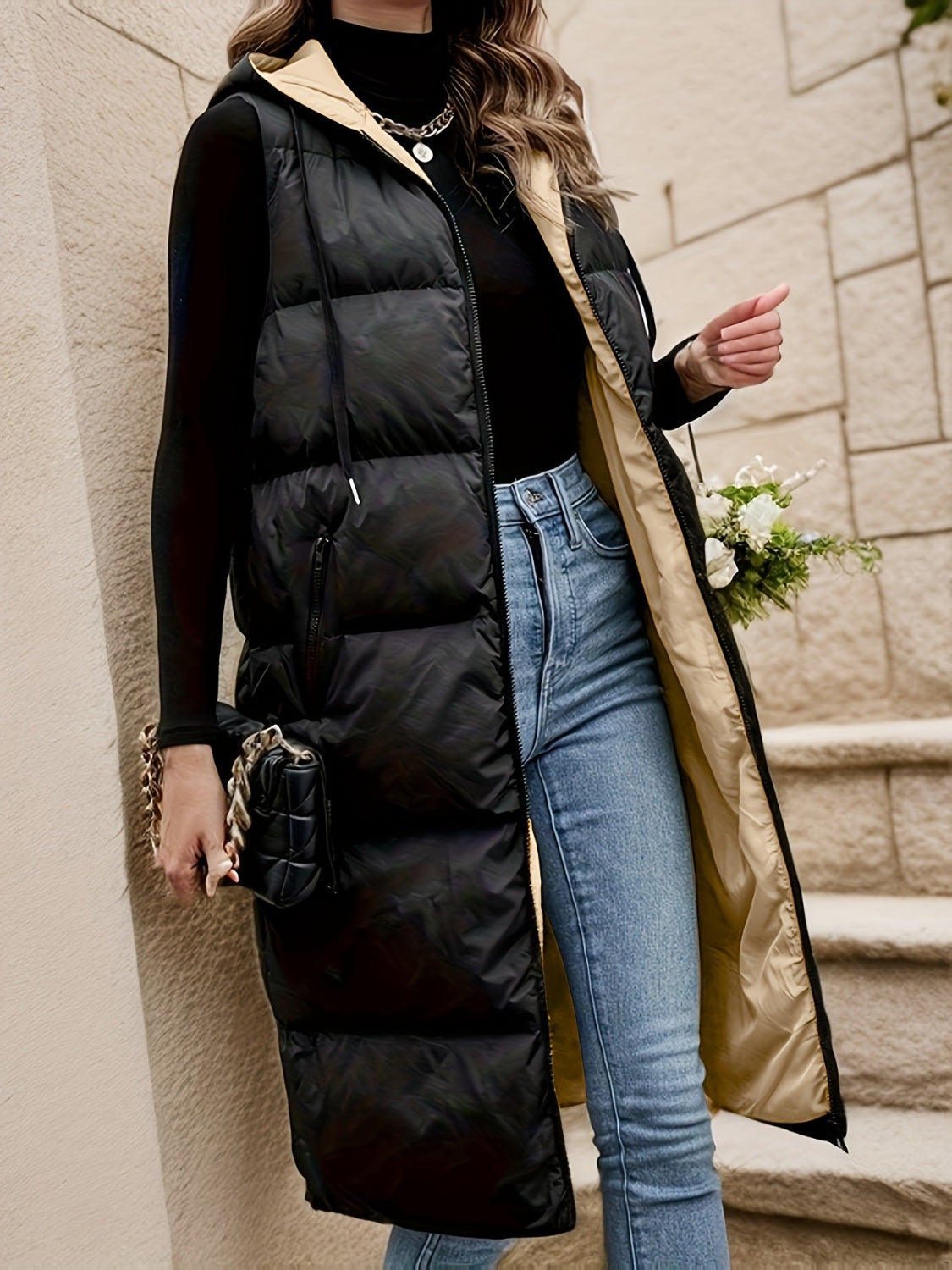 Longline Drawstring Zip-Up Hooded Vest Coat - A Basic Polyester Essential