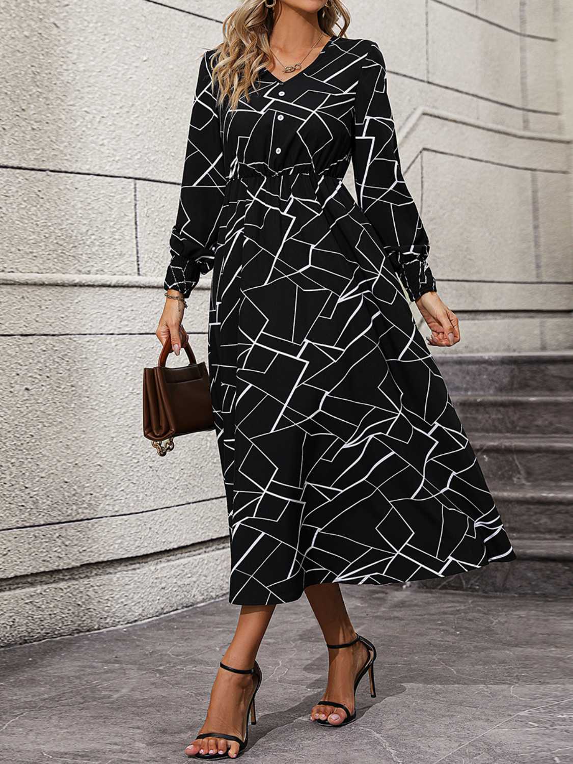 Stylish Geometric V - Neck Lantern - Sleeve Polyester Dress