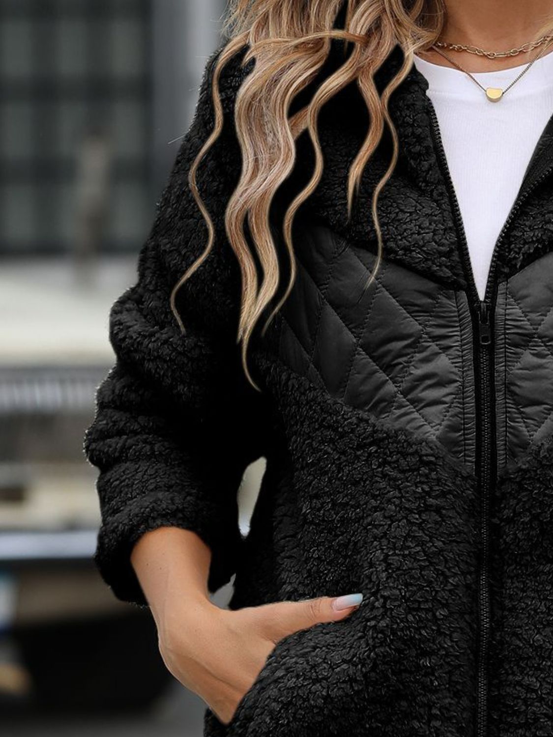 Soft Fuzzy Long Sleeve Zip - Up Hooded Polyester Jacket