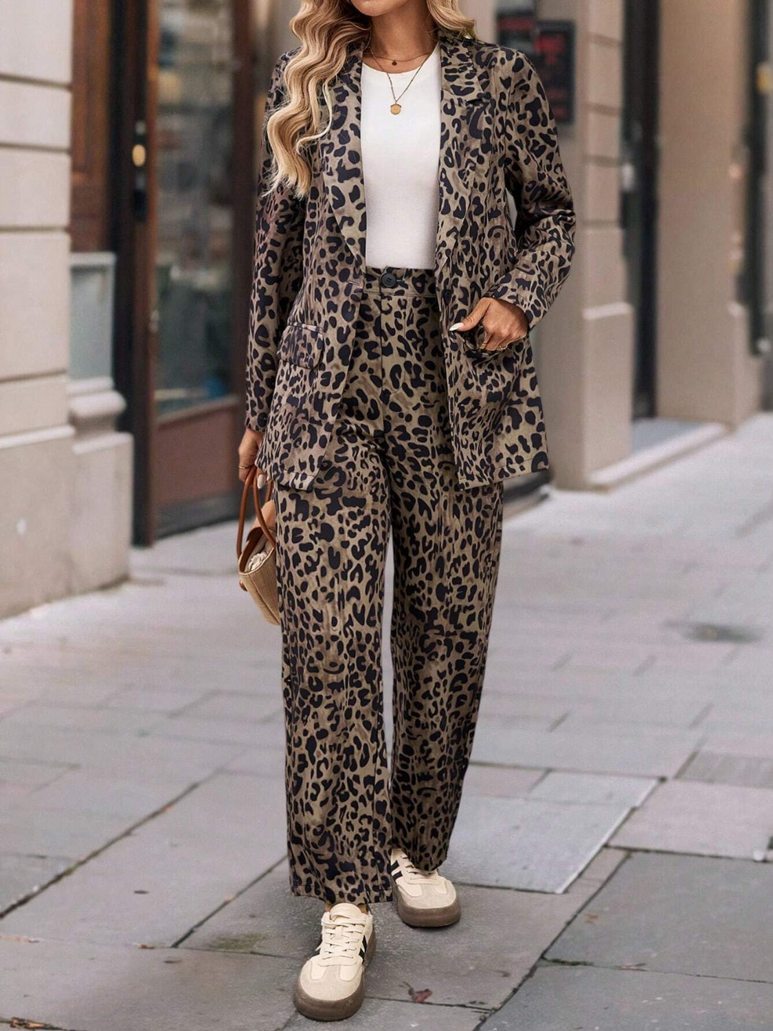 Full-Size Leopard Print Long Sleeve Lapel Collar Blazer and Pants Two-Piece Set