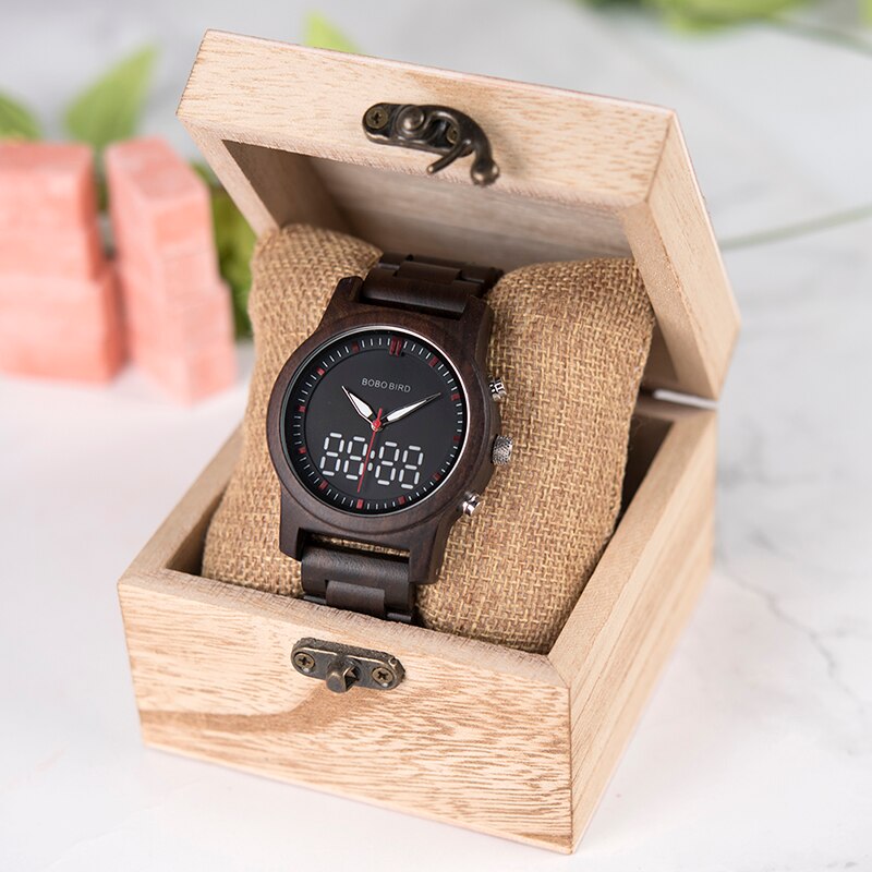 Men's Fashionable Dual Display Quartz Digital Wooden Wristwatch