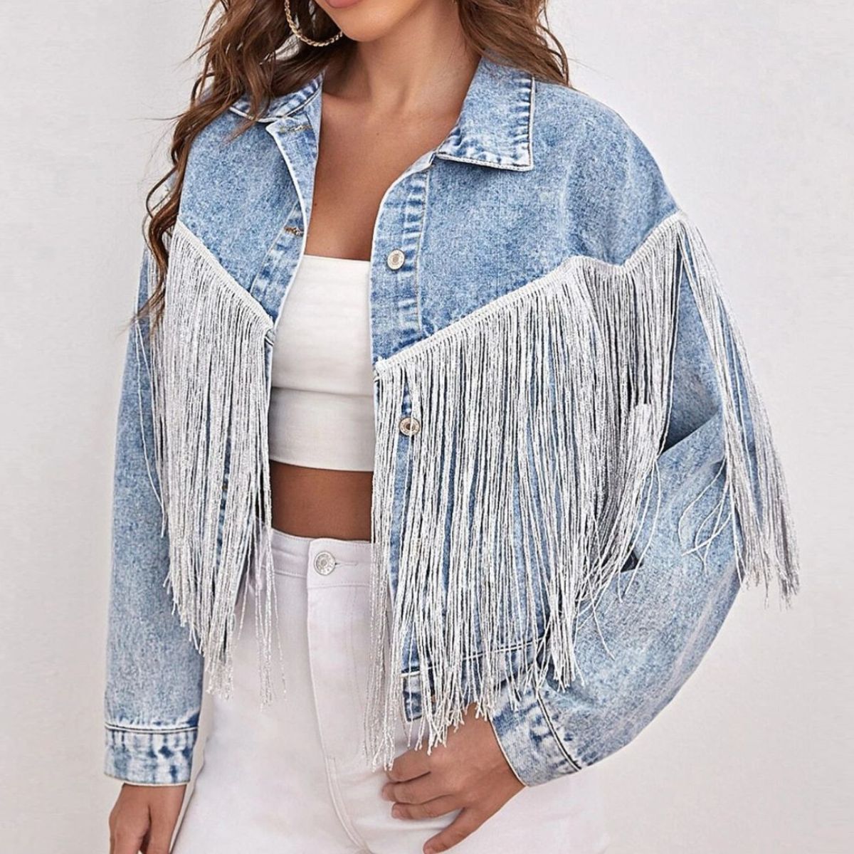 Casual Long Sleeve Denim Jacket with Fringe Detail and Collared Neck