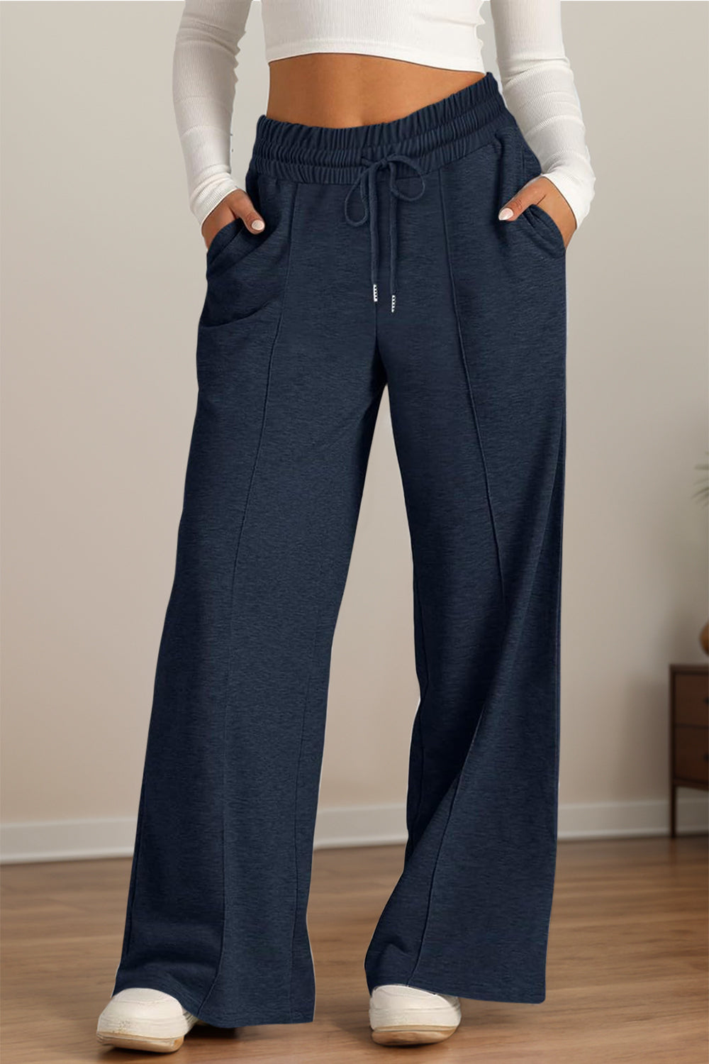 Fashionable Drawstring Elastic Waist Wide Leg Polyester Pants for Comfortable Wear
