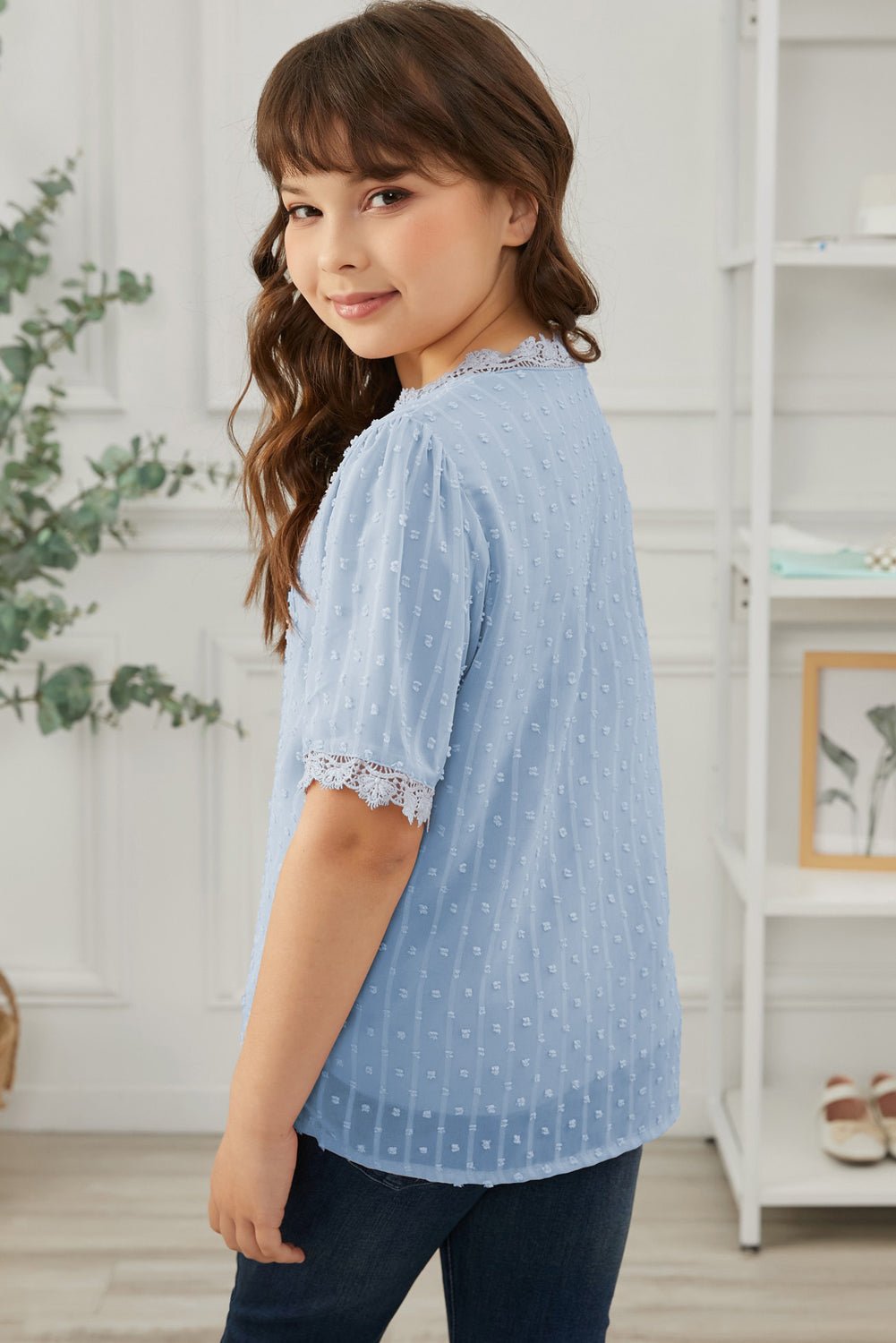 Summer Girls' Blouse with Swiss Dot and Spliced Lace for 4 - 13 Years Old
