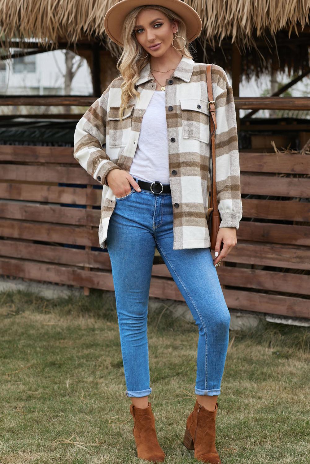 Casual Plaid Dropped Shoulder Pocket Buttoned Shacket for Everyday Wear