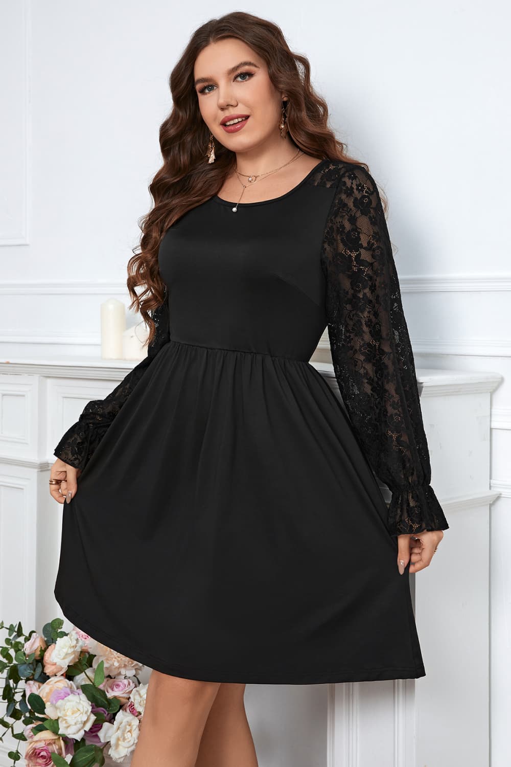 Plus Size Round Neck Flounce Sleeve Dress with Lace Trim