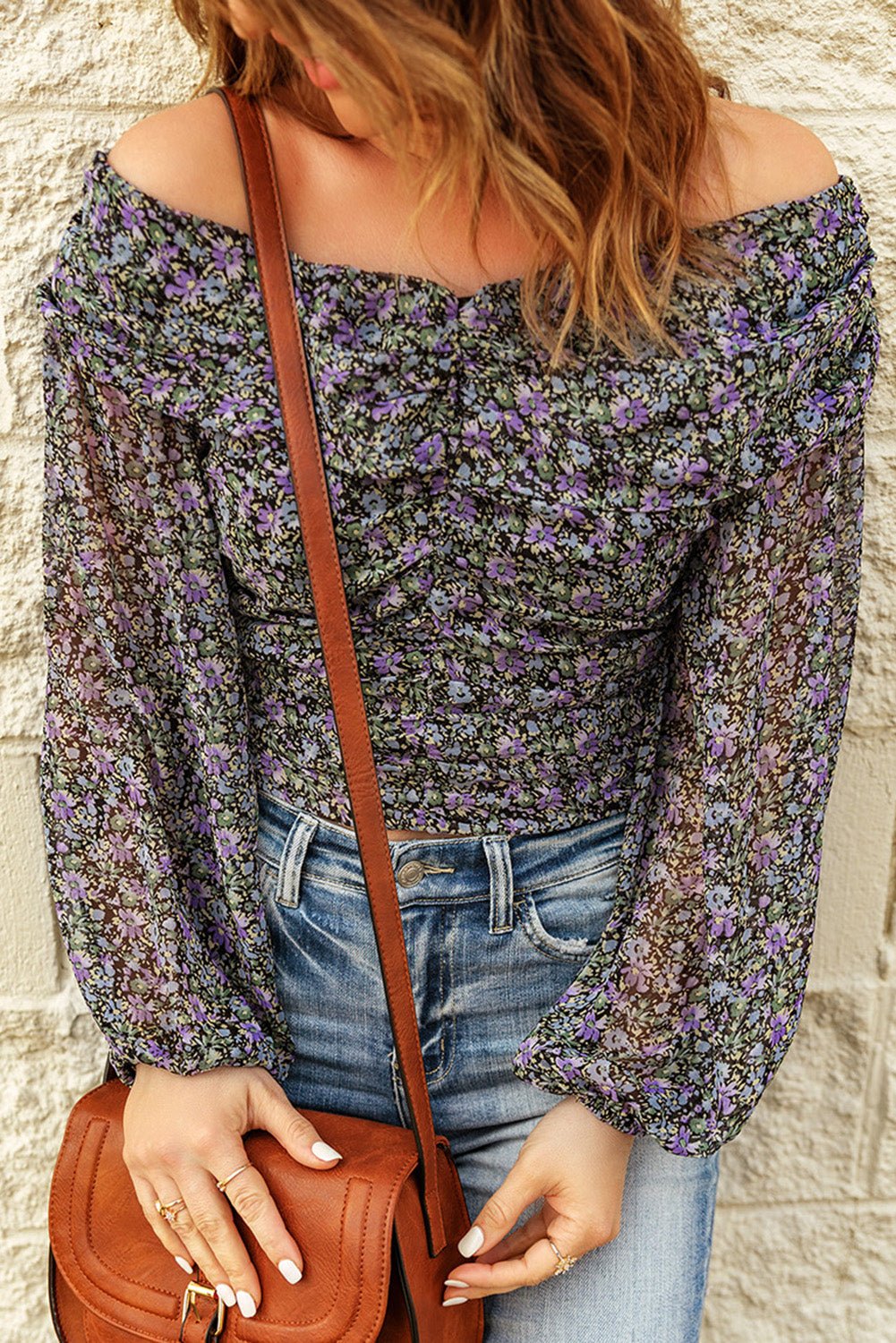 Fashionable Floral Print Off-Shoulder Ruched Long-Sleeved Women's Top