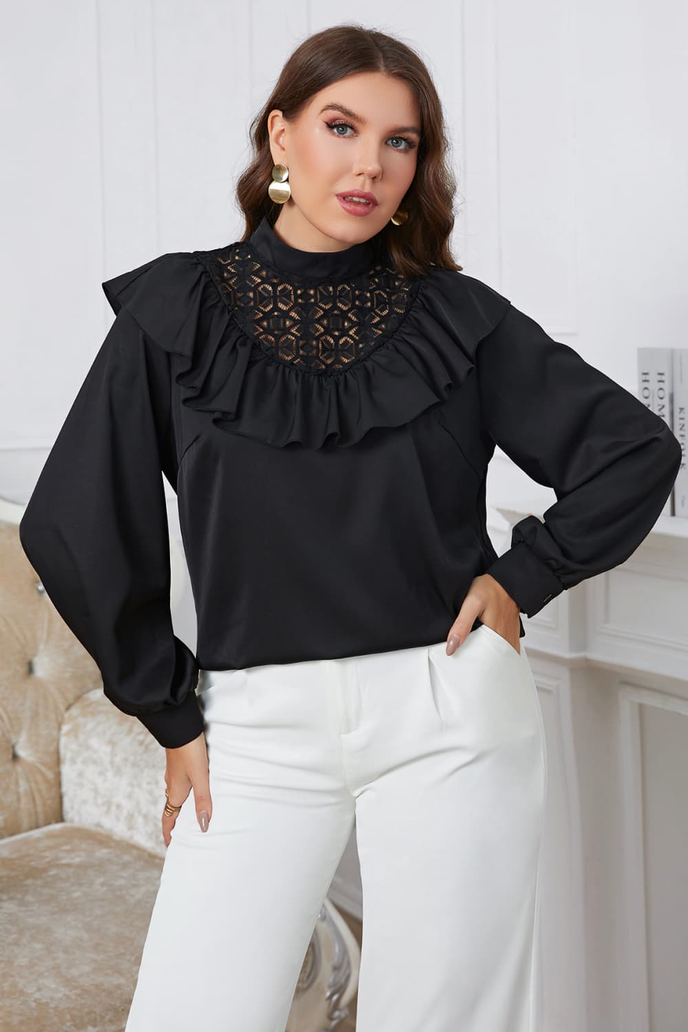 Plus Size Long Sleeve Ruffle Trim Solid Mock Neck Casual Blouse