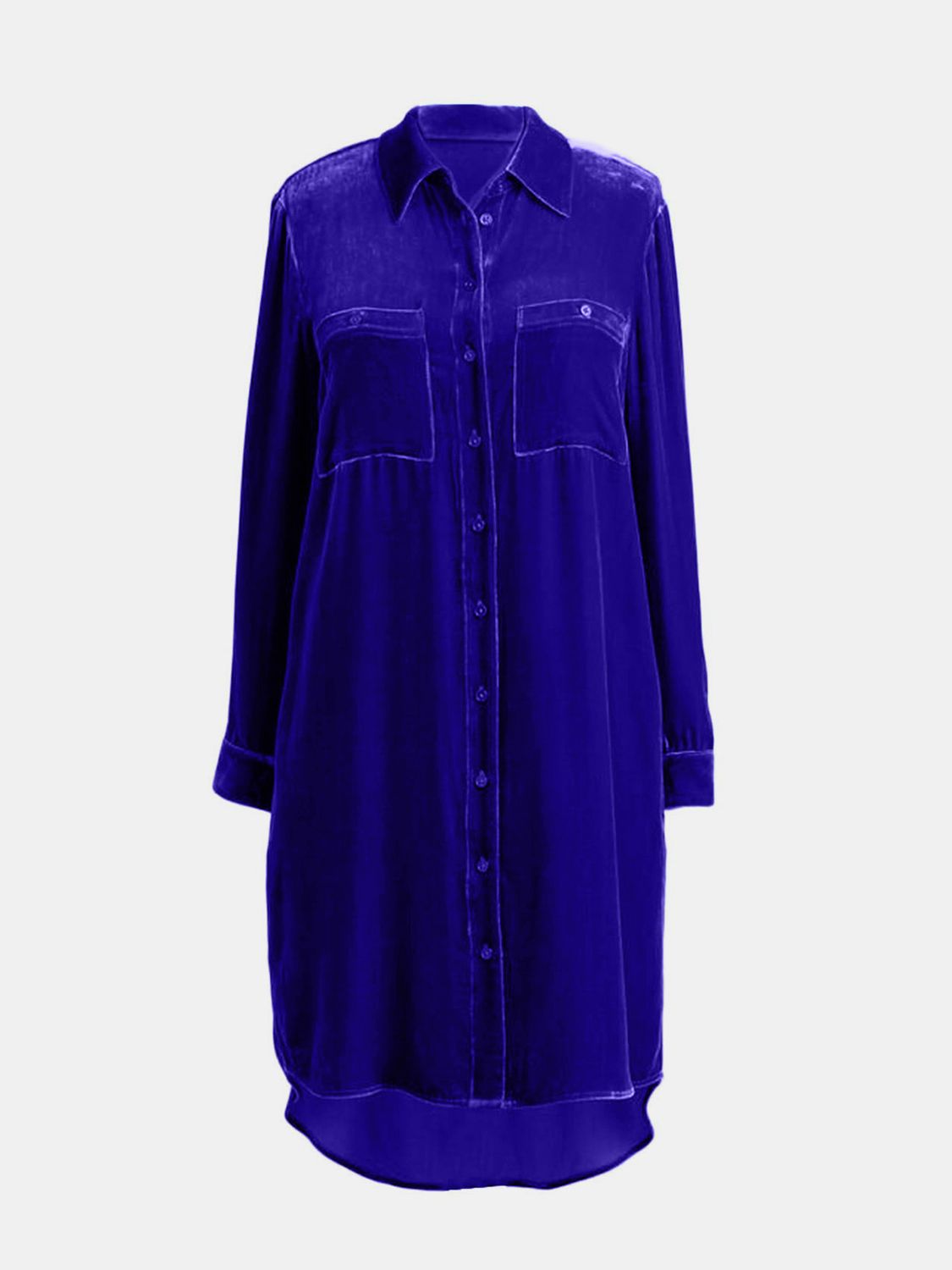 Long Sleeve High-Low Button-Up Knee-Length Opaque Dress with Pockets