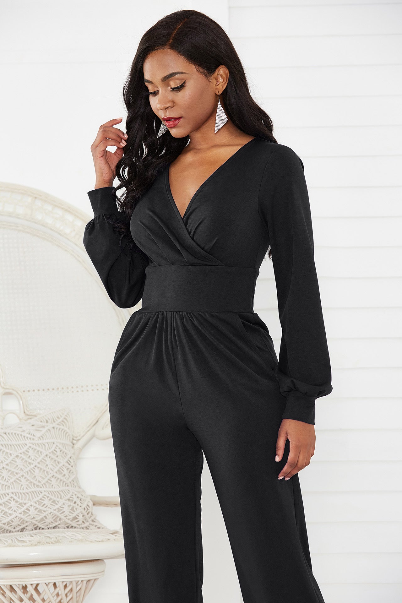 Fashionable Solid Pattern Gathered Detail Surplice Neck Lantern Sleeve Women's Jumpsuit